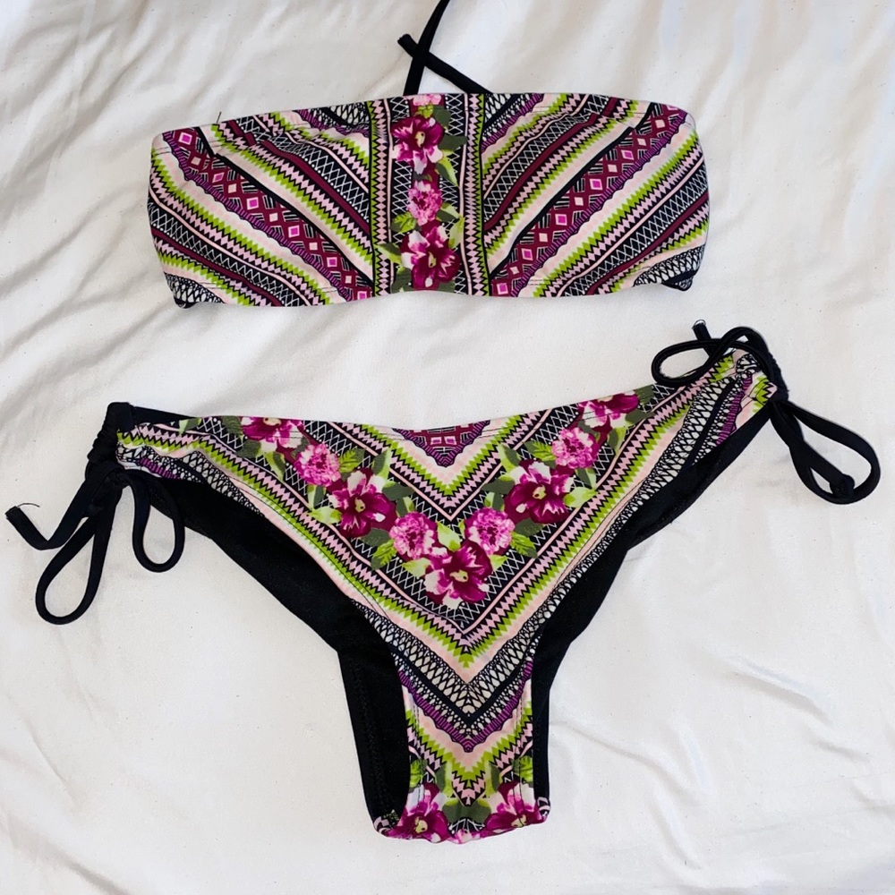 Tribal/Floral Print Bandeau Bikini Set
